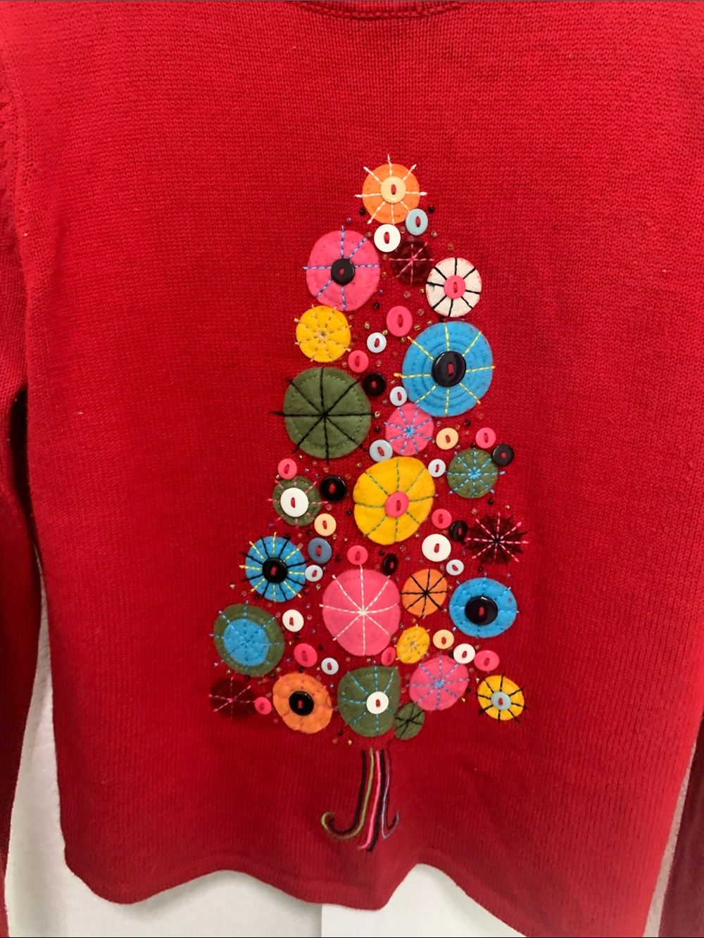 Vintage Susan Bristol Red Crewneck Grandma Sweater with Embroidered Button Tree - Picture 3 of 7